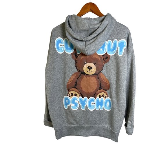 Birch & Stone “Cute But Psycho” Zip Up Teddy Bear Hoodie Sweater Gray Size S - Picture 1 of 7